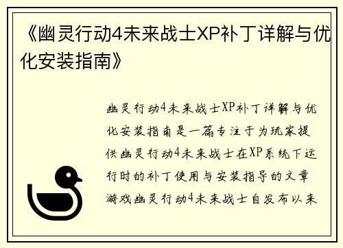 《幽灵行动4未来战士XP补丁详解与优化安装指南》